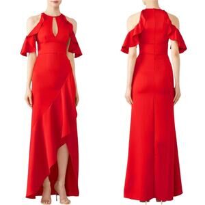 Monique Lhuillier Womens Gown Dress Red Cold Shoulder Ruffle Lined Tulip Hem 10